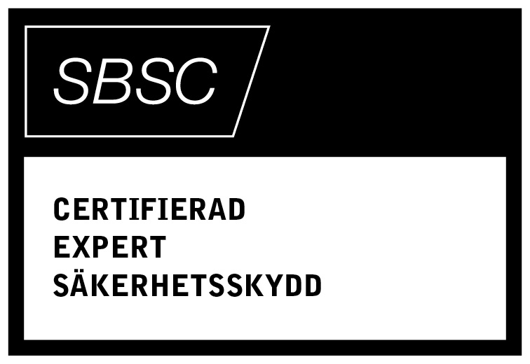 SBSC certifikatsmärke för Certifierad Expert säkerhetskydd. Svart text på vit botten